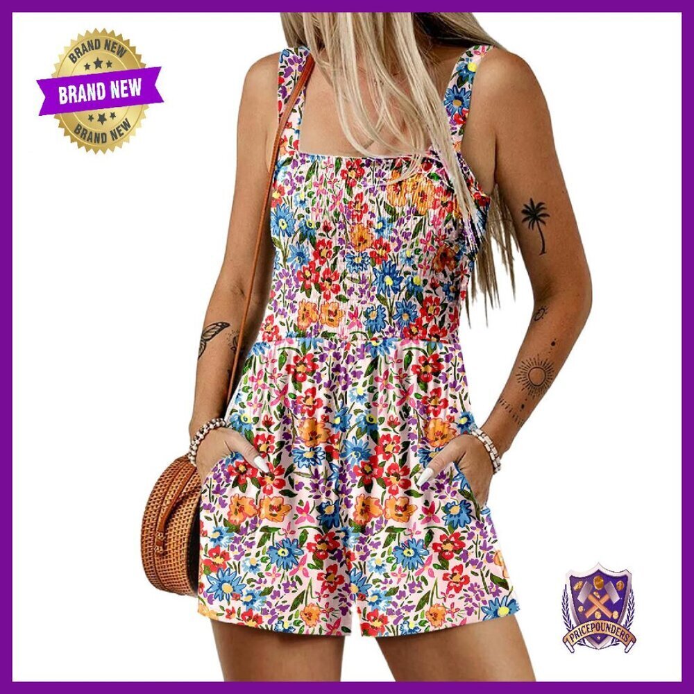 Women's Smocked Romper Square Neck Sleeveless Loose Fit Jumpsuit
